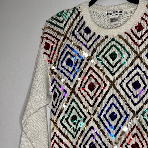 Vintage 1980s Sequins Sweater Princess Collection Rainbow Harlequin Design Sz L - Picture 6 of 16